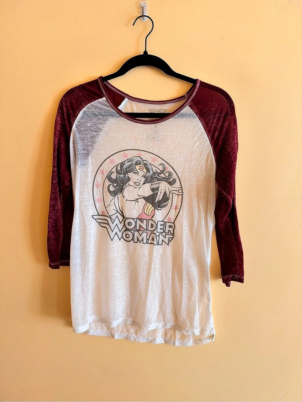 DC Comics Wonder Woman Off-White Burgundy Burnout Raglan T-Shirt Graphic Raglan